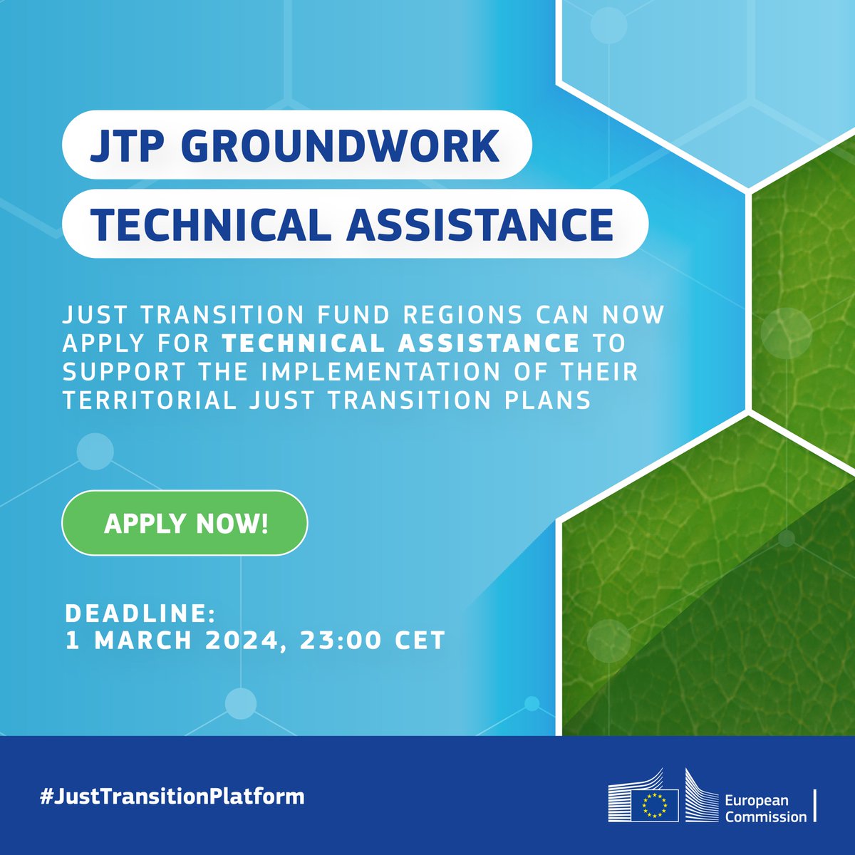 🌱New #JustTransitionPlatform call: JTP Groundwork

This technical assistance is designed to assist eligible #EUregions in implementing Territorial Just Transition Plans.

Want to learn more? Don't miss the training on 27 Feb.

Deadline: 1st March

🔹europa.eu/!vv9kgP