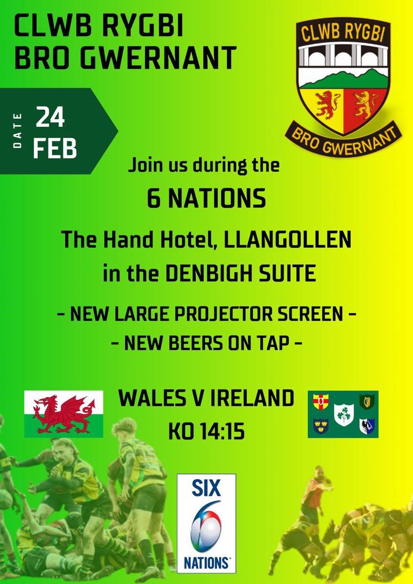 6 nations is back this weekend... 😀 Can the Welsh 🏴󠁧󠁢󠁷󠁬󠁳󠁿 get a WIN over in Dublin against the Irish 🇮🇪 Join us in the The Hand Hotel - Llangollen for the 2.15ko NEW Large Projector Screen 📺 and NEW Lagers 🍻on Draught Ireland vs Wales 🙏 #6nations #rugby #team #crbgwernant
