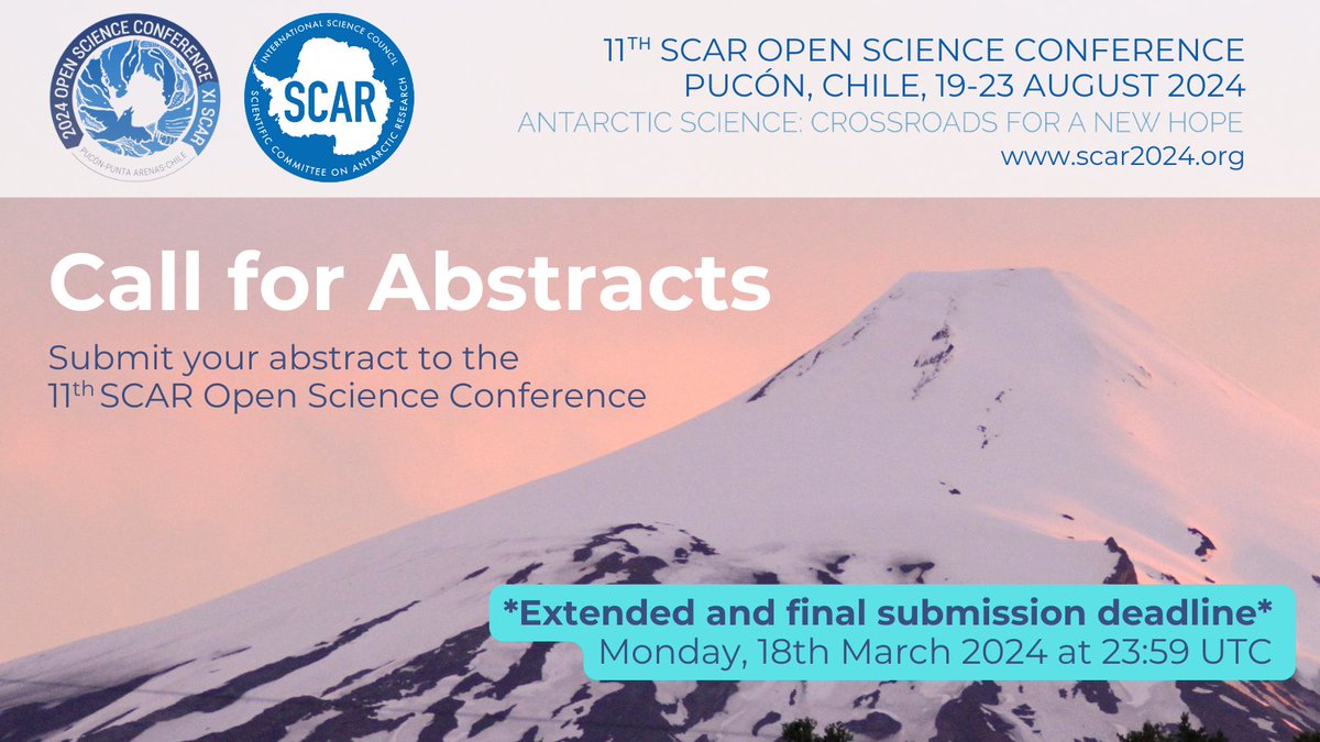 🇦🇶 Extended & final abstract submission deadline for the SCAR Open Science Conference #SCAR2024 🇦🇶 🗓️ Monday, 18th March 2024 Submit your abstract here: scar2024.org/abstracts/ Are you in the field and won't be able to submit your abstract in time? Reach out to osc@scar.org.