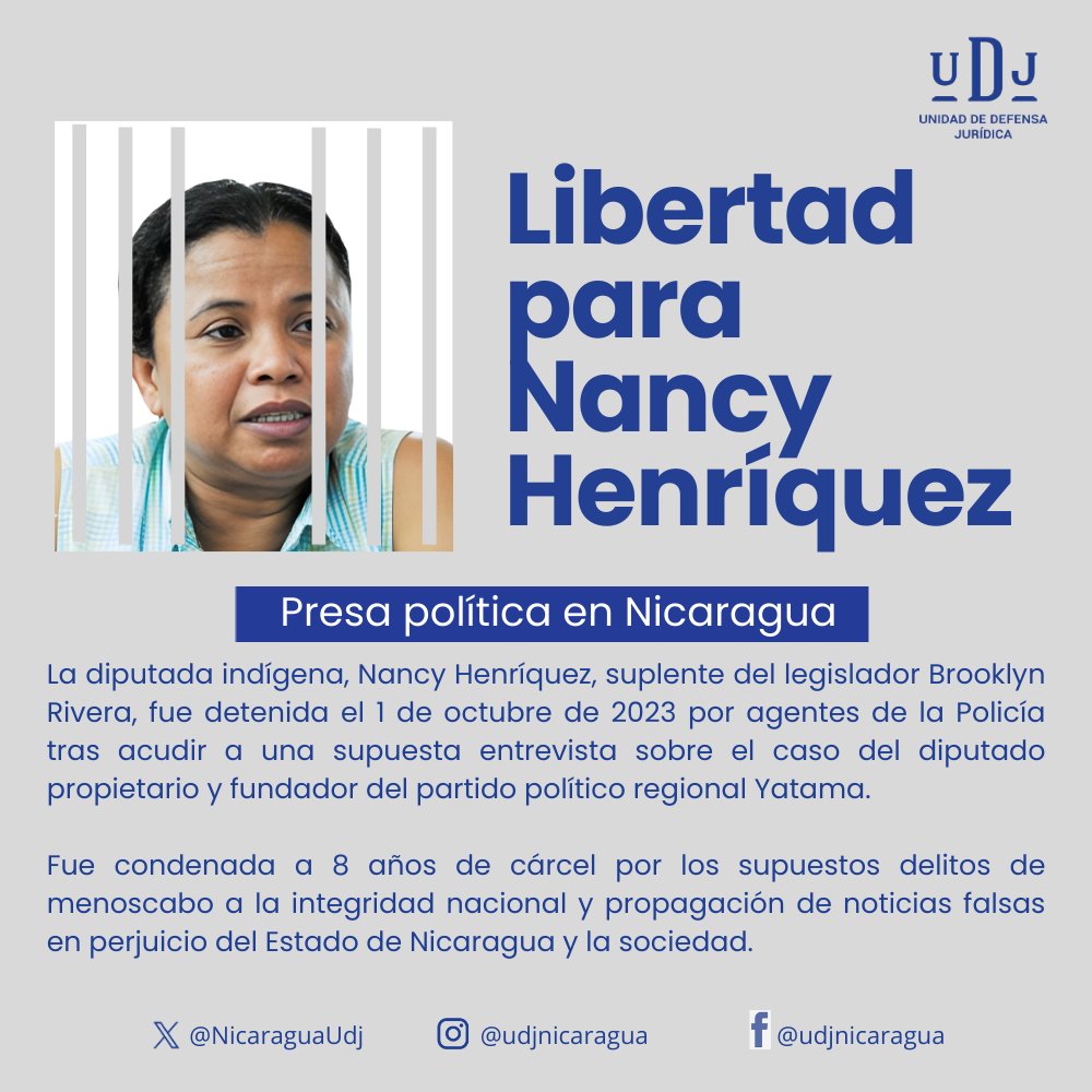 NicaraguaUdj's tweet photo. La líder indígena miskita, Nancy Henríquez, tiene más de 100 días detenida arbitrariamente. Su detención se da previo a la cancelación de la personería jurídica del partido regional de la Costa Caribe de #Nicaragua, #YATAMA.
Ella #EsInocente
Demandamos su libertad inmediata ¡YA! https://t.co/n49dQHjHyH