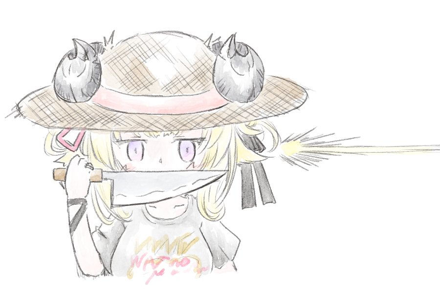 tsunomaki watame 1girl hat blonde hair solo horns purple eyes knife  illustration images