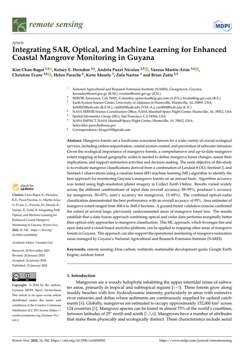 🔥Hot off the Press🔥 #Guyana's #mangroves are an important part of maintaining coastal resilience and biodiversity. Check out a new pub led by #NAREI, w/ @ServirAmazonia, @UAH_LAS, & others on using 🛰️and ☁️ computing to monitor this essential ecosystem: bit.ly/laspub12
