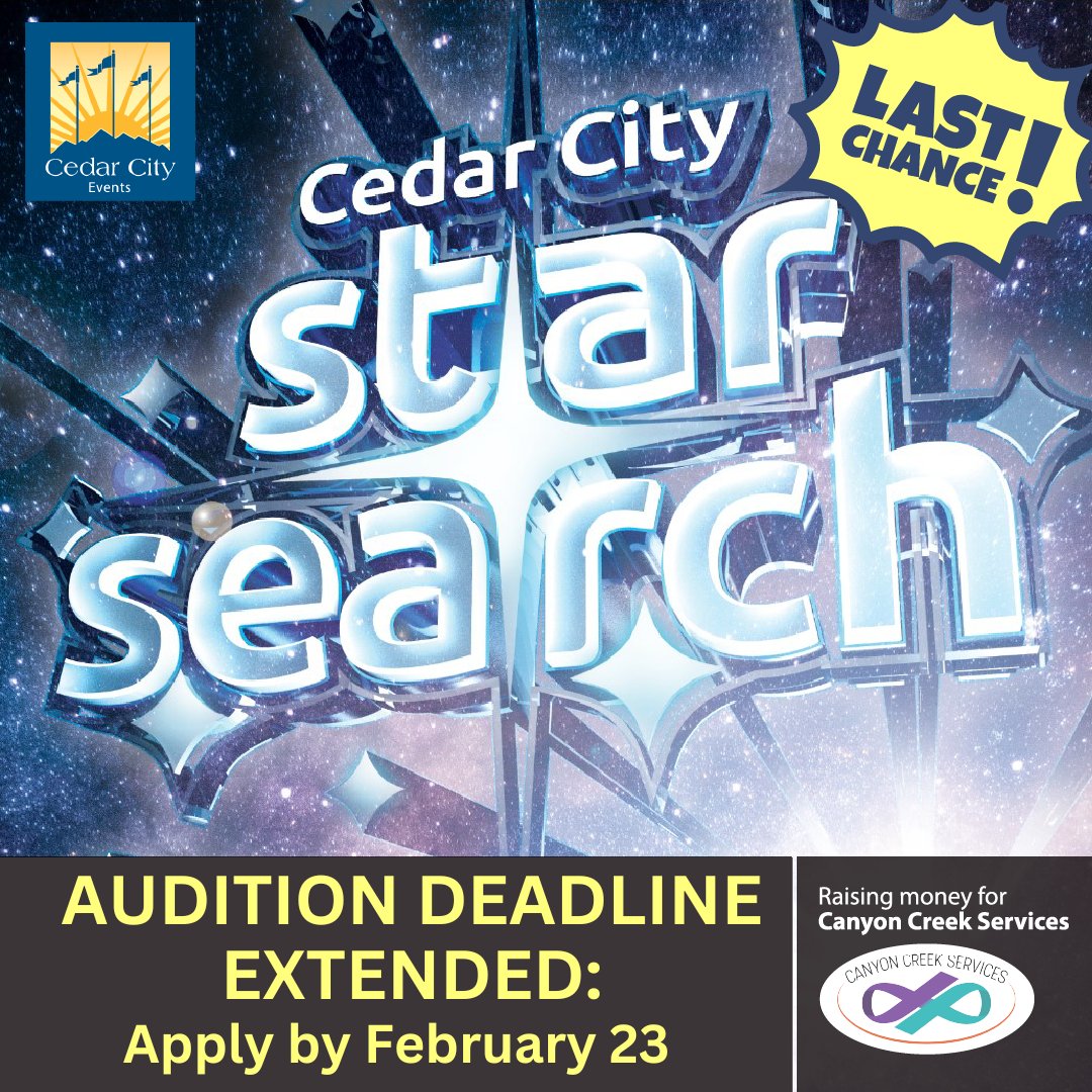 LAST CHANCE TO AUDITION 🗣️

Submit your audition by Friday, February 23 for a chance to be considered as a contestant in Cedar City Star Search 2024!

🎟️Free event tickets and audition information are available on our website: cedarcityut.gov/1310/Cedar-Cit…