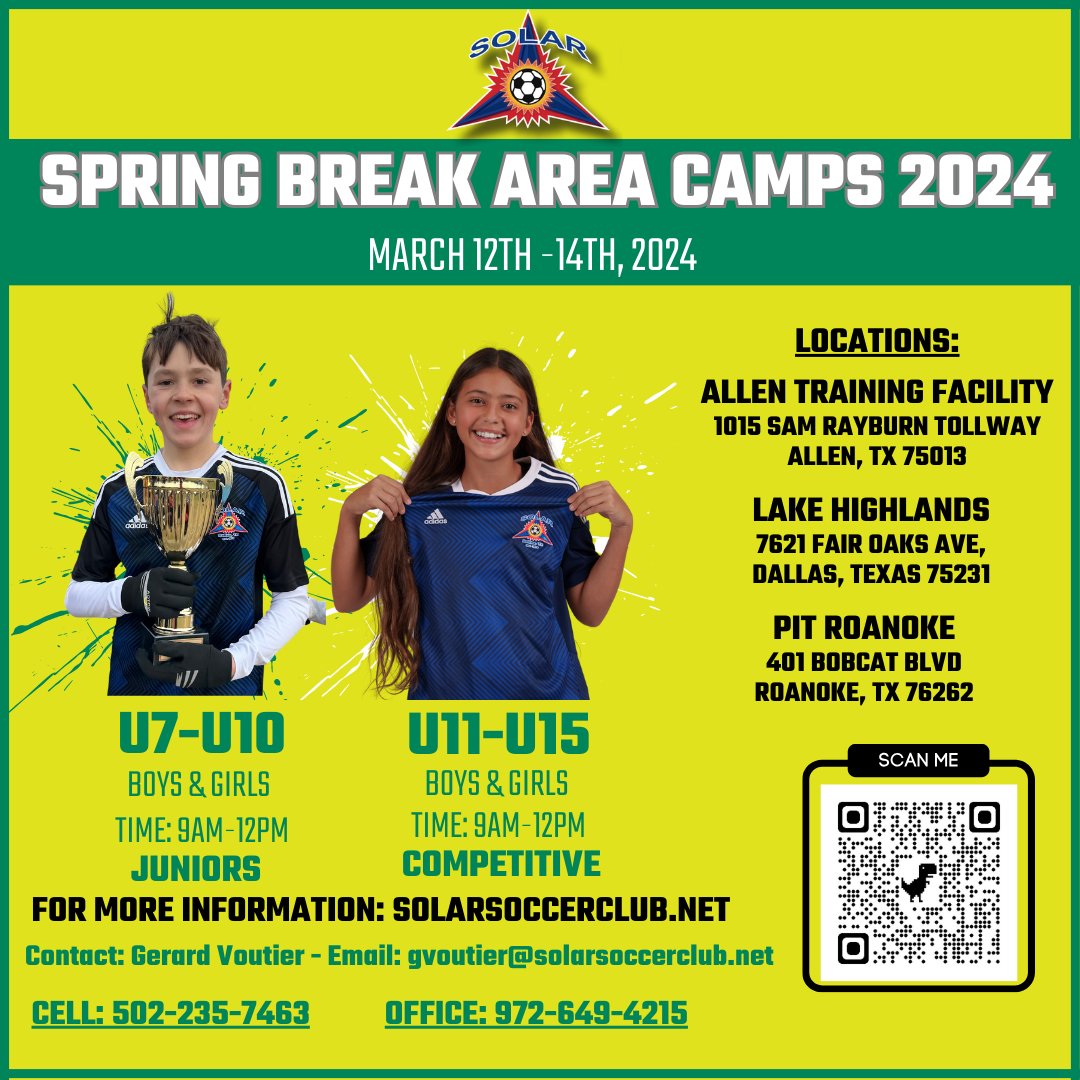 Registration is open to our Spring Break Area Camps! With 3 different locations, spots are filling in fast! Come work with our accomplished staff! Open to players outside of Solar! 🏆🏆 Link: solarsoccerclub.net/spring-break-c…