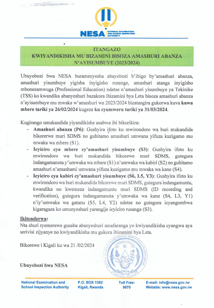 ITANGAZO RYO KWIYANDIKISHA MU BIZAMINI BYA LETA  BISOZA AMASHURI ABANZA N’AYISUMBUYE (2023/2024)