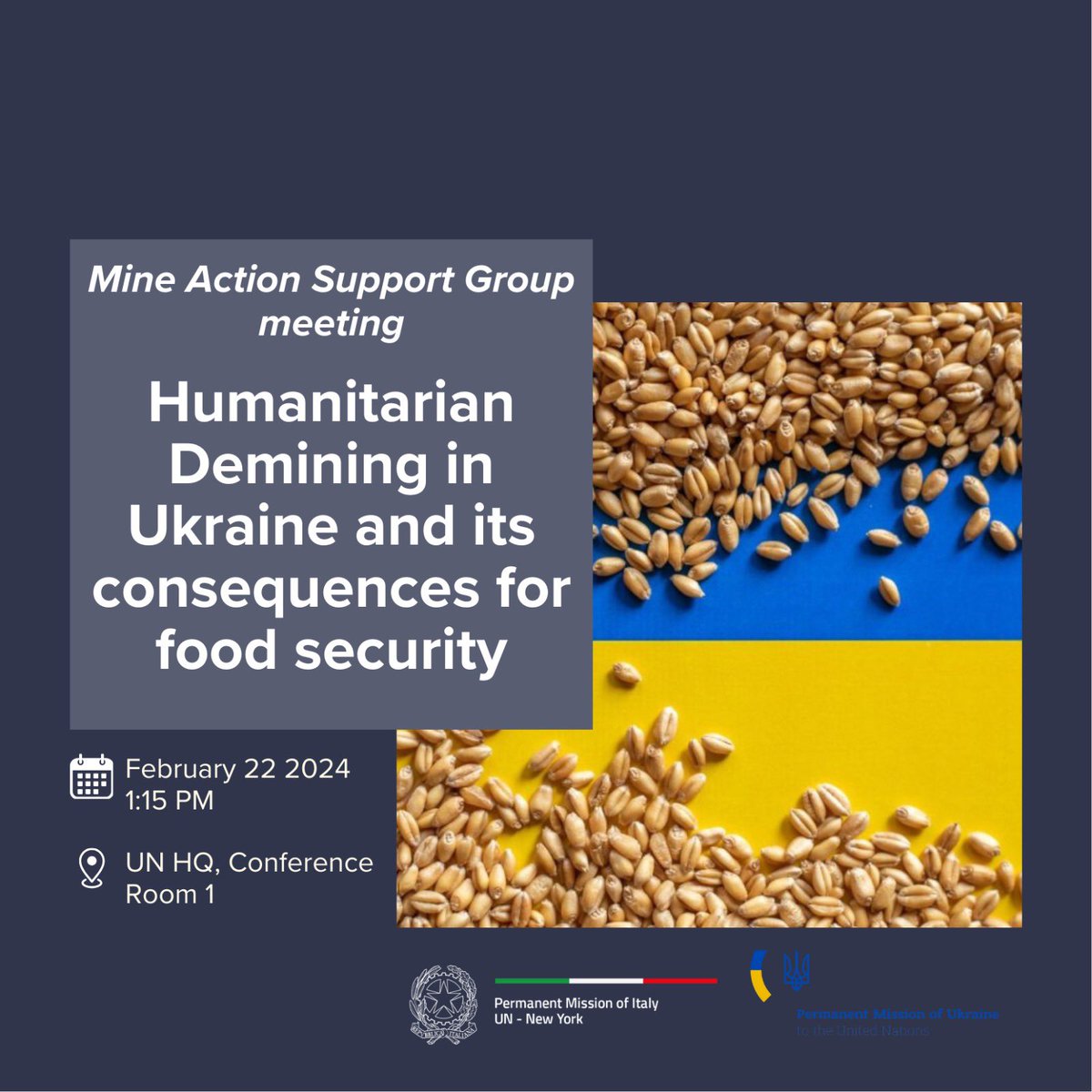 ItalyUN_NY's tweet photo. Tune in today for the conference “Humanitarian Demining in Ukraine & its consequences for Food Security” organized by Italy 🇮🇹 as 2024 President of 🇺🇳#MASG, & 🇺🇦 🇭🇷 🇯🇵 🇱🇹 🇵🇱🇨🇭to foster coherent synergies within the humanitarian community.
📺at 1:15 👉https://t.co/D6o3GuPjqq https://t.co/muQ2diGl7W
