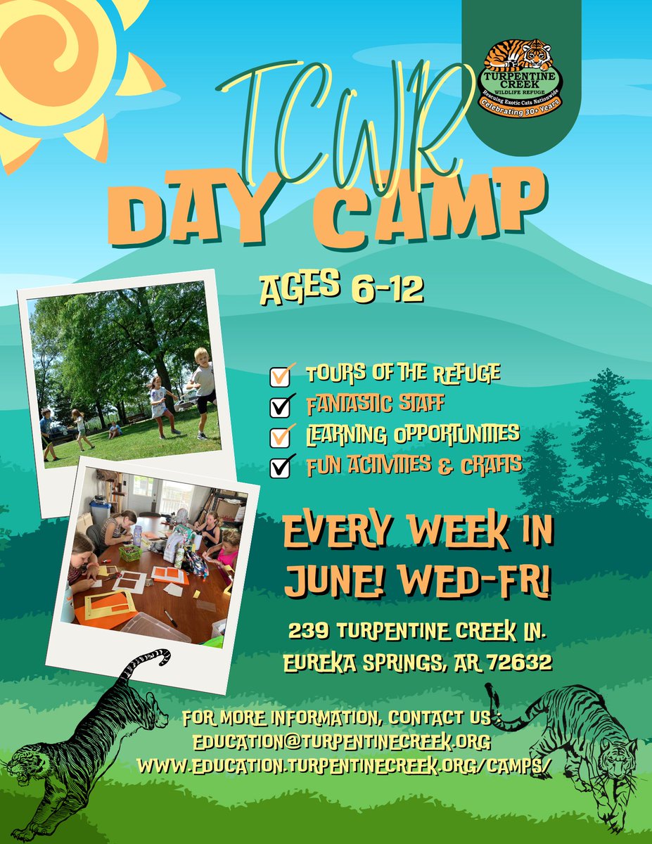 turpentinecreek's tweet image. "ey everyone! Turpentine Creek has open enrollment for annual Kids Summer Day Camp! Camp lasts 3 days, different weeks available in June! Contact education@turpentinecreek.org for info. Limited availability. Signing up for camp is a first come first serve basis!"

#CAMP #DAYCAMP