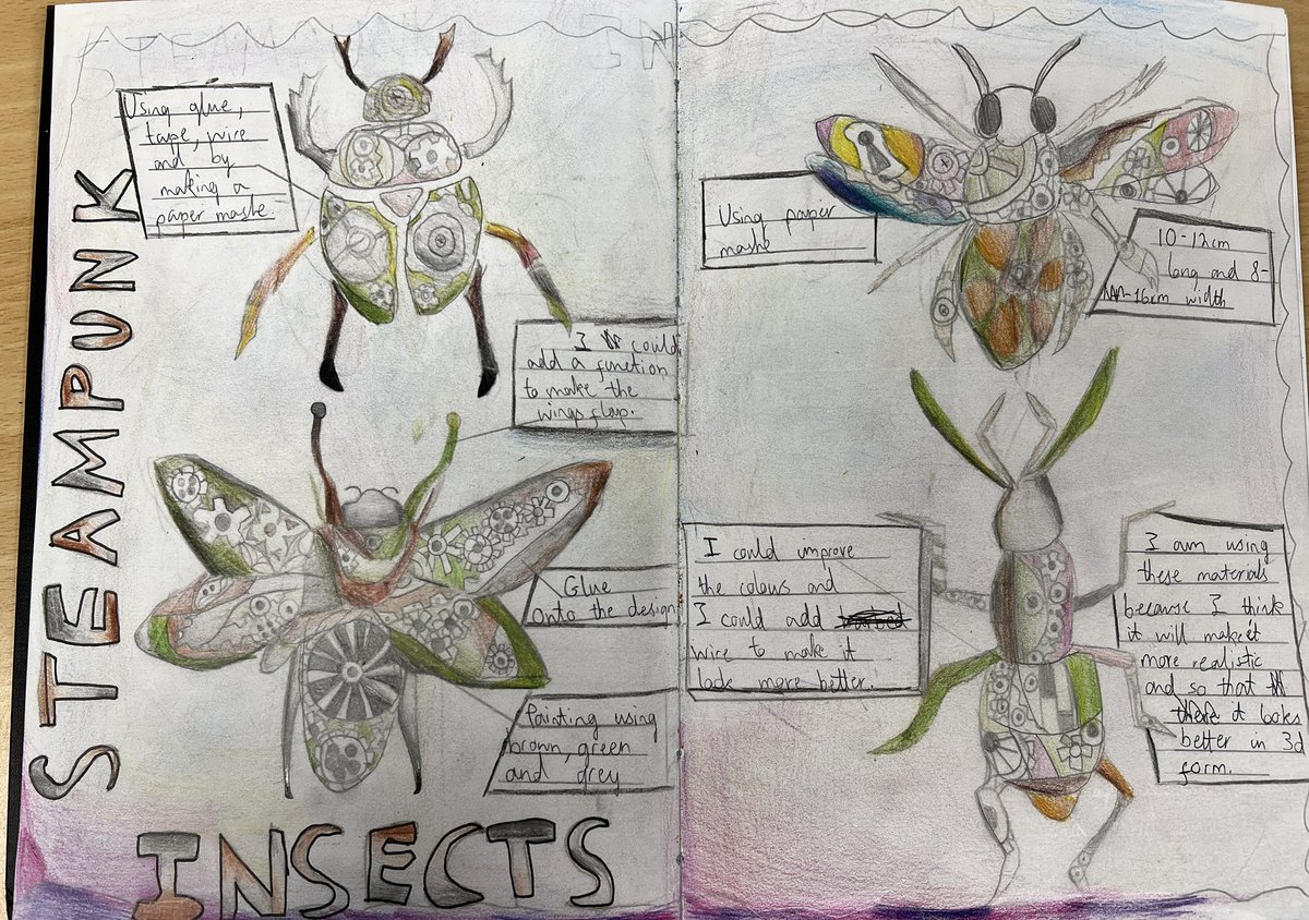 Wonderful Year 7 Steampunk Insects designs…. now onto 3D modelling in paper mache #Creative #3Ddesign #strive