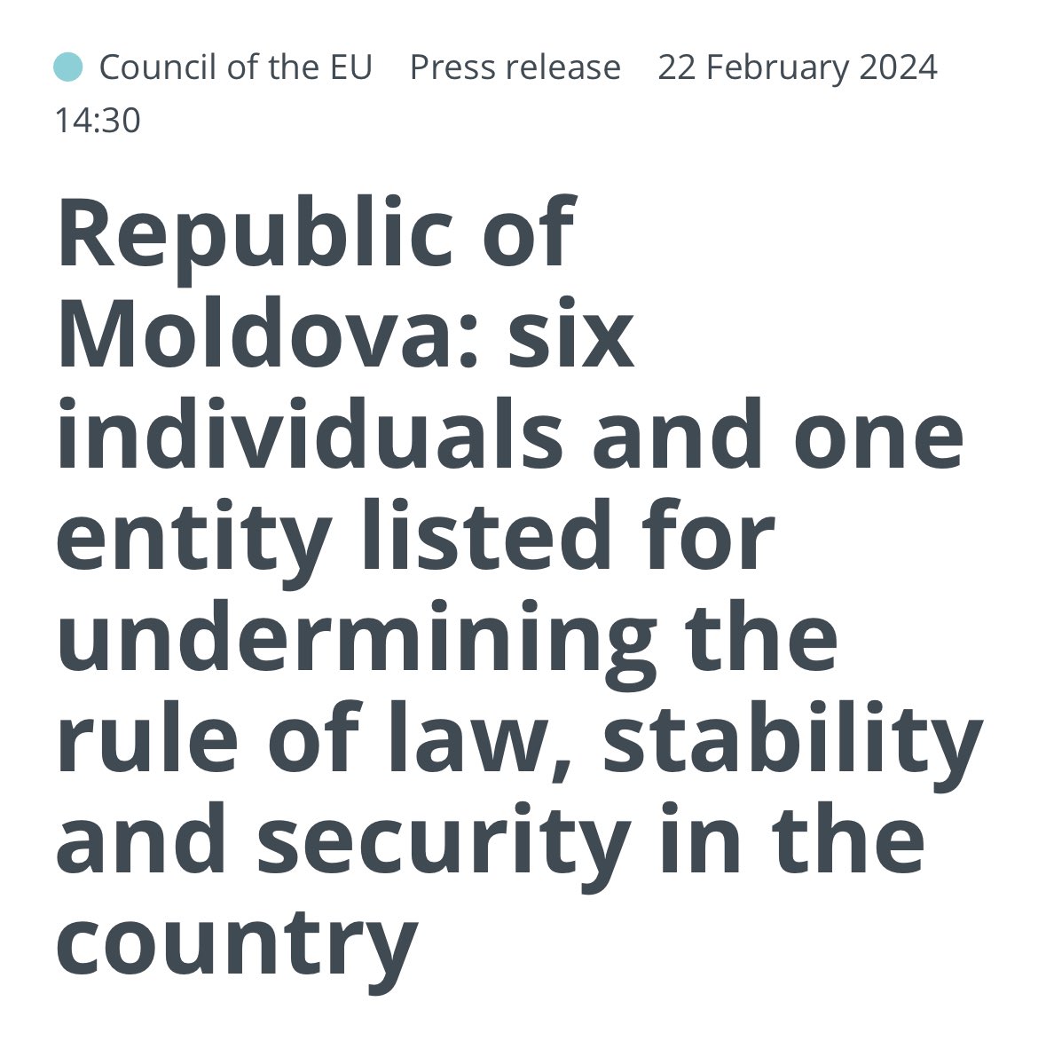 The Council has imposed today restrictive measures against six individuals and one entity responsible for actions aimed at destabilising, undermining or threatening the sovereignty and independence of the Republic of #Moldova 🇲🇩 consilium.europa.eu/en/press/press…