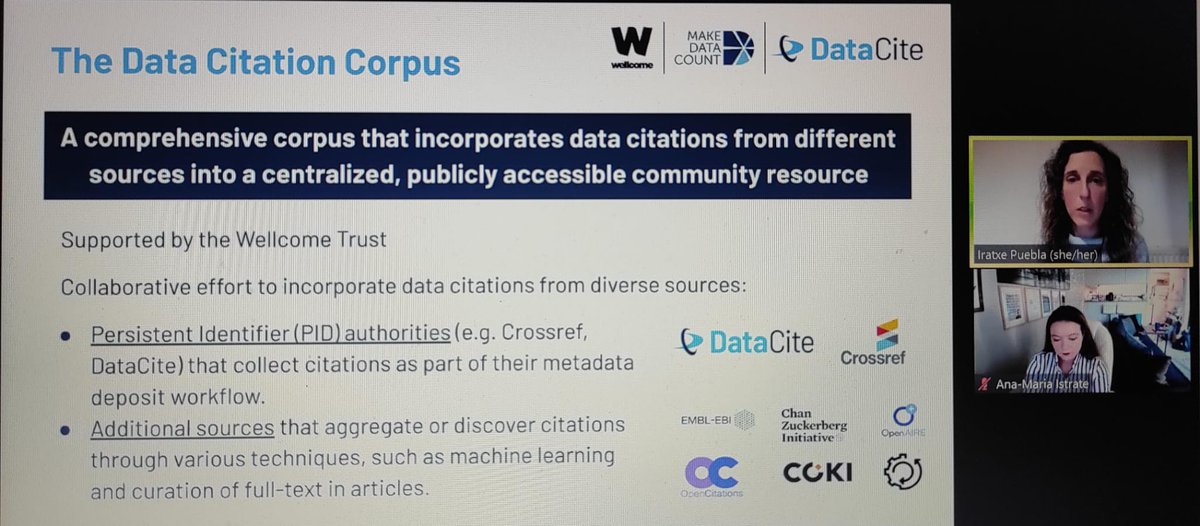 @IratxePuebla and @_AIstrate now presenting the Data Citation Corpus, a result of the collaborative and collective effort, during the webinar 'Unlocking the Power of Data Citation: First Release of the Data Citation Corpus' @DataCite @ChanZuckerberg