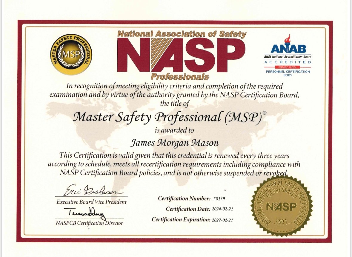 MorganMason2008's tweet photo. Thank you @NASPWeb #NASPSafety ! I very much enjoyed the Master Safety Professional (MSP) prep-course and ultimately taking and passing the exam. This was challenging which makes the reward that much better! https://t.co/6kcb459KfZ