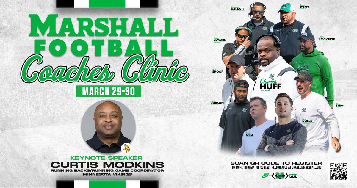 COACHES: Sign up for the 2024 Marshall Football Coaches Clinic using the link below! This years Coaches Clinic will take place March 29-30 and is FREE to attend. #GoHerd (forms.gle/7sfpAnTo4mF912…)