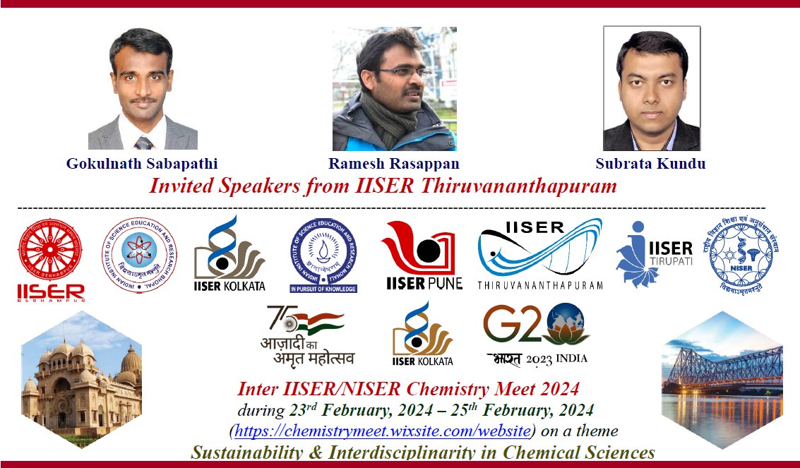 IINCM2024 (@iincm_2024) on Twitter photo We're excited to share that Gokulnath Sabapathi, Ramesh Rasappan and Subrata Kundu from IISER Thiruvananthapuram will be presenting invited lectures at IINCM 2024, hosted by IISER Kolkata!
<a href="/tvmiiser/">IISER Thiruvananthapuram</a> <a href="/dcsiiserkol/">Department of Chemical Sciences IISER Kolkata</a> We're excited to share that Gokulnath Sabapathi, Ramesh Rasappan and Subrata Kundu from IISER Thiruvananthapuram will be presenting invited lectures at IINCM 2024, hosted by IISER Kolkata!
<a href="/tvmiiser/">IISER Thiruvananthapuram</a> <a href="/dcsiiserkol/">Department of Chemical Sciences IISER Kolkata</a>