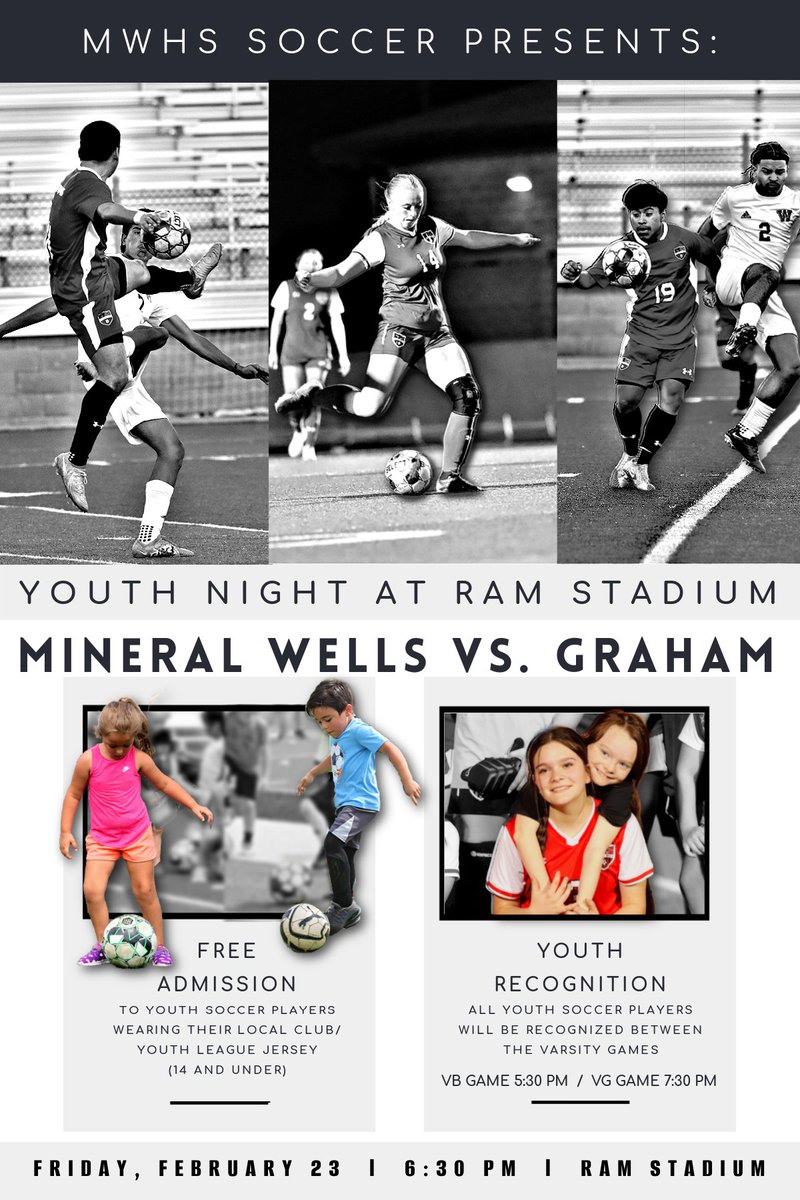 Youth Night at Ram Stadium!
📷 Youth soccer players (14 &amp; under) w/ coaches get in FREE to the games!
Game Times:
JV Rams at 4 pm &amp; JVG Lady Rams @ 5:30 pm
VB @ 5:30 pm
VG @ 7:30 pm
Youth Recognition: Following the Varsity Rams Soccer game (starts at 5:30 pm)
