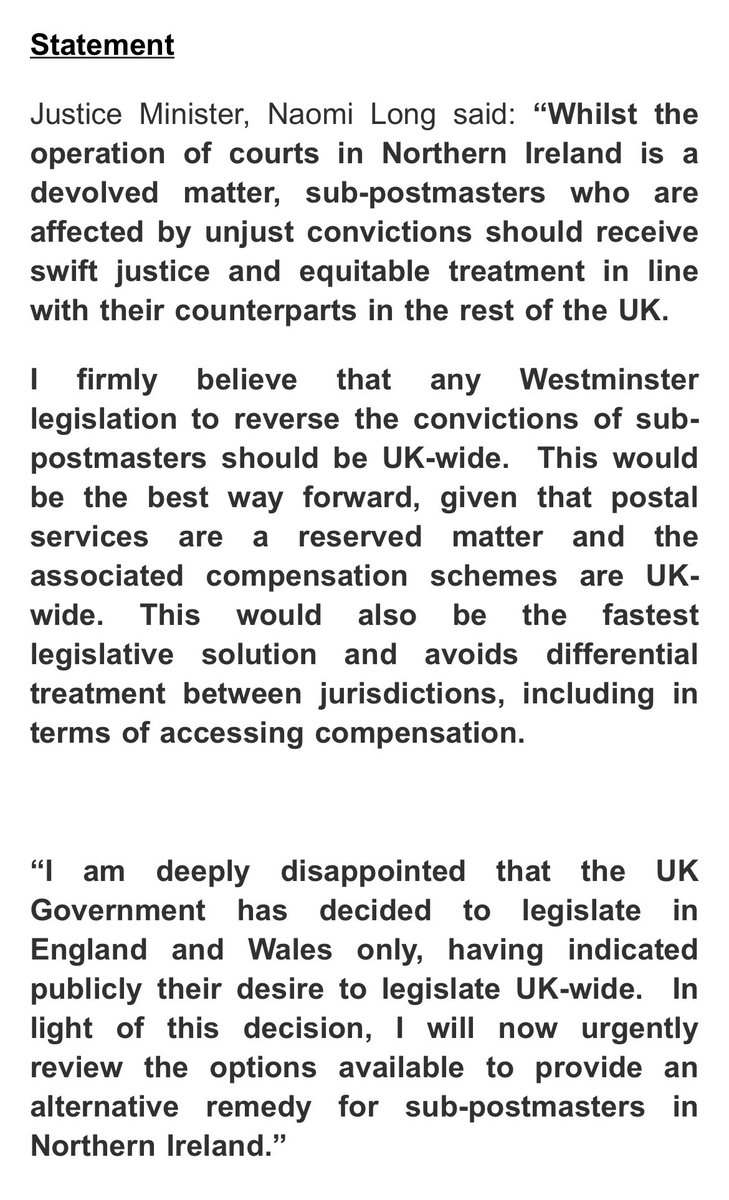 Justice Minister Naomi Long not happy Post Office legislation to exonerate those convicted in the Horizon scandal will only apply to England and Wales. Department now urgently reviewing options.