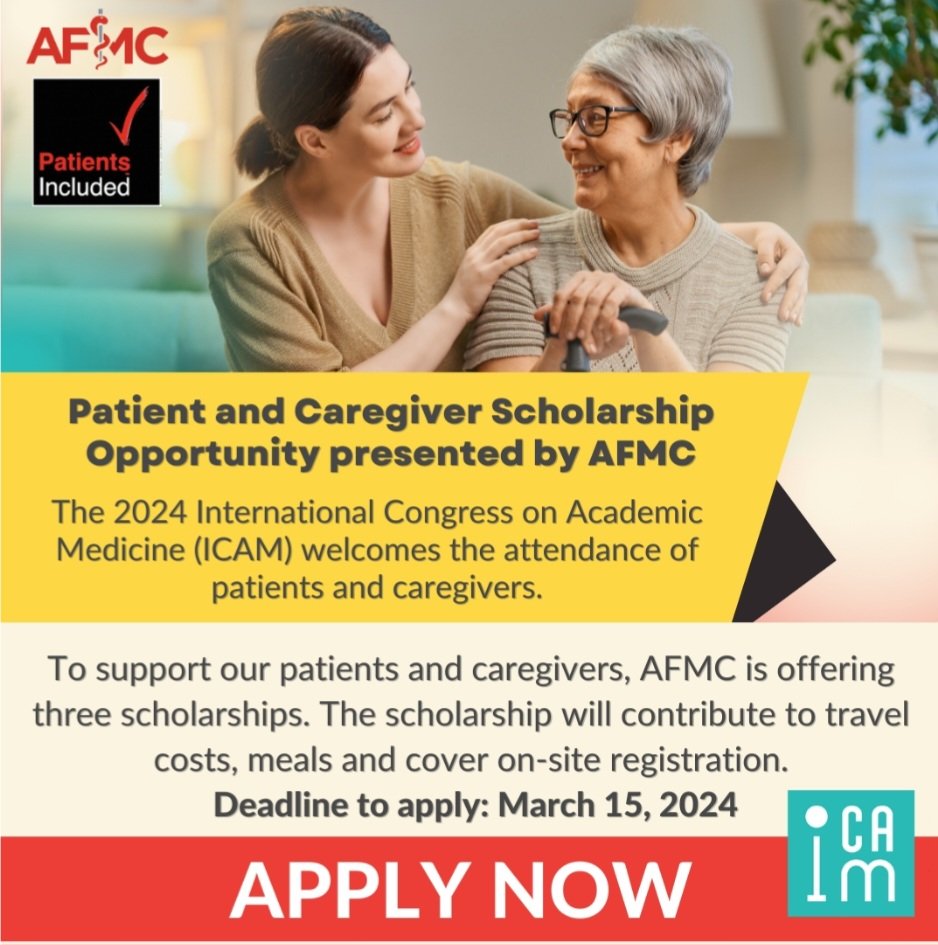 ICAM 2024 is offering Patient and Caregiver Scholarship opportunities for patient/caregiver partners who are interested in attending the Congress. Click on link to learn more/apply. Deadline to apply is March 15th, 2024 @AFMC_e cognitoforms.com/AFMC3/ICAM2024…