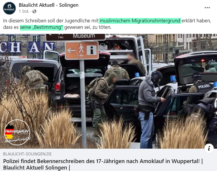 HeimatliebeDE's tweet photo. Der Täter habe einen „muslimischen Migrationshintergrund“ und es sei „seine Bestimmung“ gewesen, zu töten.

Das muss dieses Zusammenland sein, von dem alle sprechen. Wir brauchen unbedingt noch mehr „Demos gegen Rechts“. 

#Wuppertal https://t.co/vGanuKm2Ei