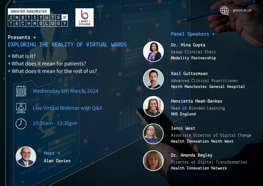 We are delighted to share that Modality Partnership Group Clinical Chair, Dr Mina Gupta, will be a Panel Speaker at the @GMInstituteTech 'Exploring The Reality of Virtual Wards' Webinar on the 6th March between 10.30am - 12.30pm. Visit gmiot.ac.uk/events/virtual…