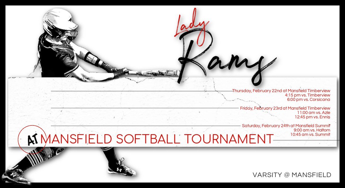Lady Rams @ Mansfield Softball Tournament
February 22nd at Mansfield Timberview:
4:15 pm vs. Timberview
6:00 pm vs. Corsicana
February 23rd at Mansfield Timberview:
11:00 am vs. Azle
12:45 pm vs. Ennis
February 24th at Mansfield Summit:
9:00 am vs. Haltom
10:45 am vs. Summit