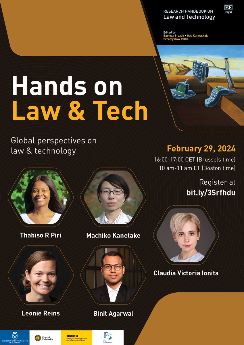 🤓 In a week! 🚨
Join us for the 1st "Hands-on Law &amp; Tech" webinar!
📆 February 29, 2024
🕓 16:00 - 17:00 CET (10 am -11 am ET)
➡️ Register: forms.office.com/e/PDDFBEjJJs
📖 Check out the Handbook: doi.org/10.4337/978180…
We'll be discussing  global perspectives on law &amp; tech, with the