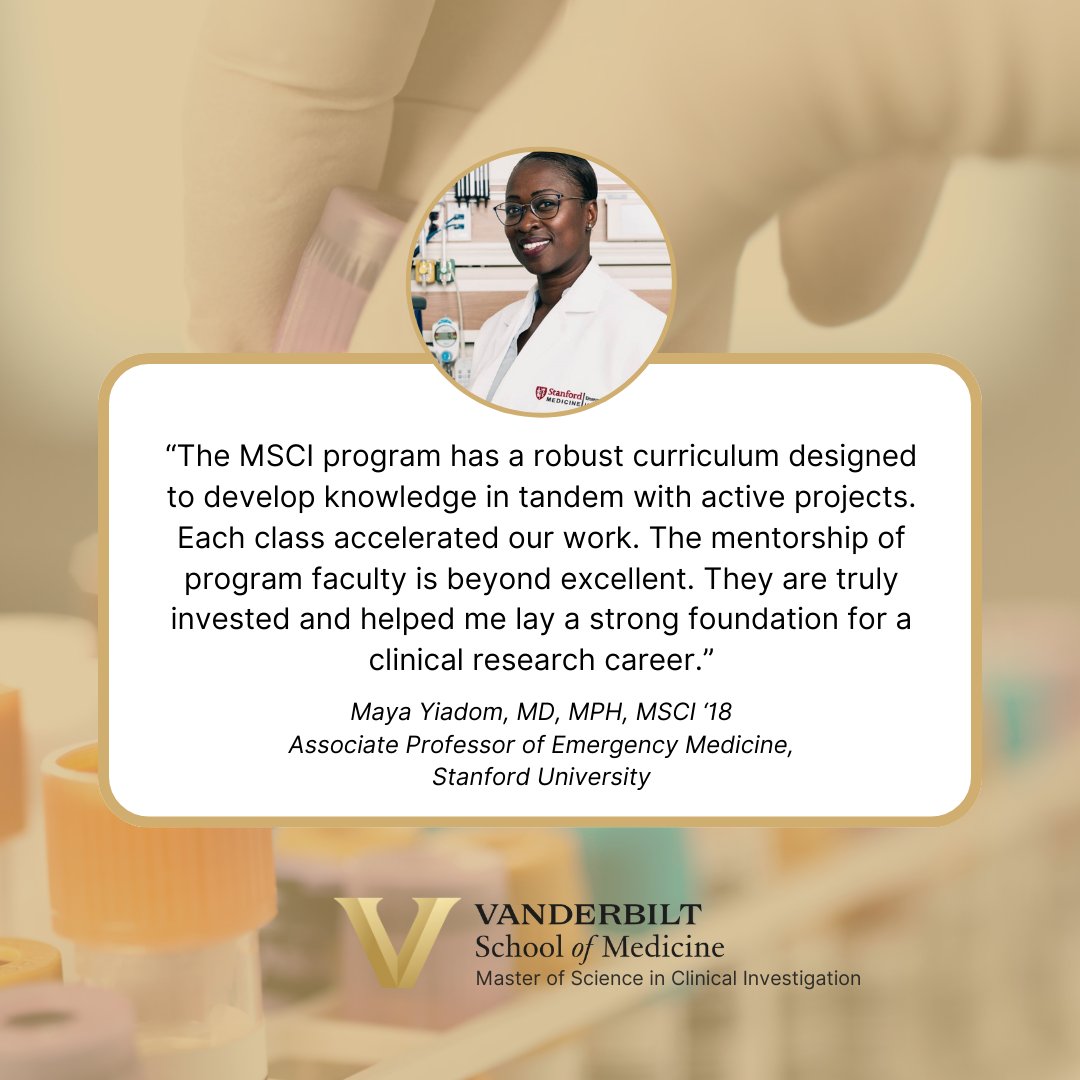 Take your clinical research skills to the next level with VUSM's Master of Science in Clinical Investigation program! With a strong track record of alumni achievement in research, the MSCI program is sure to prepare you to make an impact. Apply by 2/28: ow.ly/Q0J250QGKAh