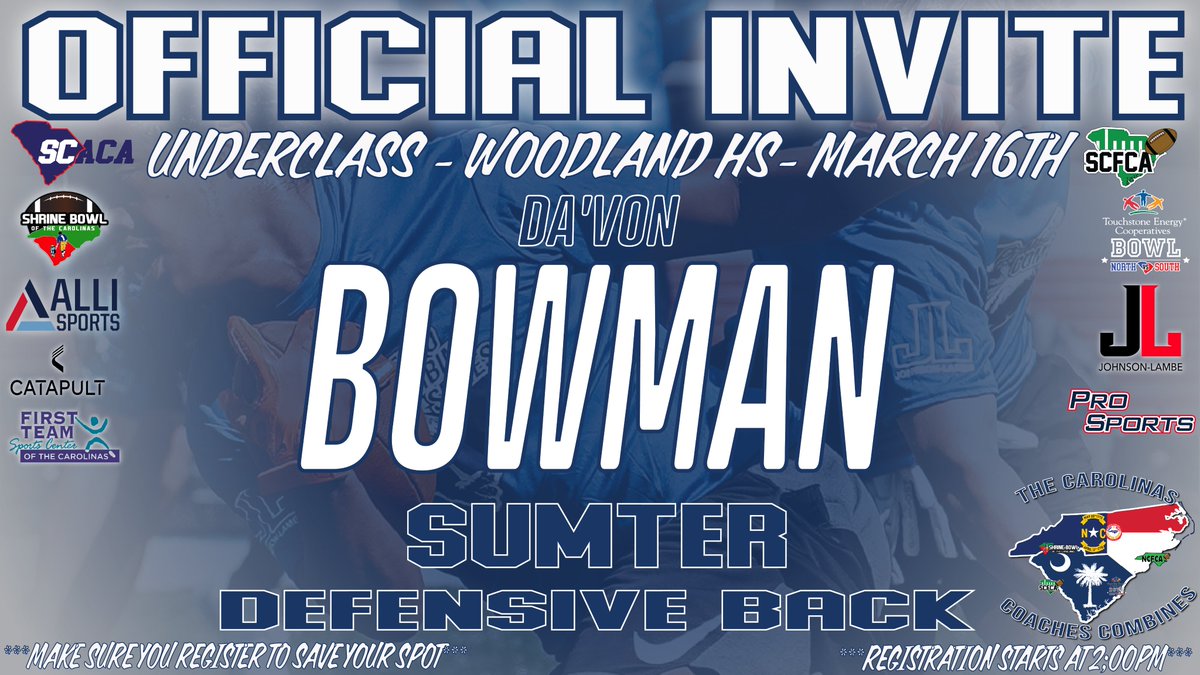 Congratulations on being selected to the Underclass (26s/27s) Carolinas Coaches Combines at Woodland HS! See you on March 16 at 2:00pm!

Check your email to register!

#CarolinasCoaches24 <a href="/JohnsonLambe/">Johnson Lambe Sporting Goods</a>

@sumterfootball <a href="/BryceAllen1_/">Bryce Allen</a> <a href="/theofficial1sev/">Jamirh Bey</a> <a href="/DavonBowman1/">Davon Bowman</a>