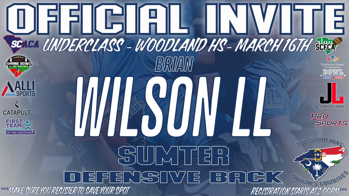 Carolinas Coaches Combine (@coachescombines) on Twitter photo Congratulations on being selected to the Underclass (26s/27s) Carolinas Coaches Combines at Woodland HS! See you on March 16 at 2:00pm!
Check your email to register!
#CarolinasCoaches24 <a href="/JohnsonLambe/">Johnson Lambe Sporting Goods</a>
@sumterfootball @cerified_coop2 <a href="/1bw2W/">Brian wilson II</a> Congratulations on being selected to the Underclass (26s/27s) Carolinas Coaches Combines at Woodland HS! See you on March 16 at 2:00pm!
Check your email to register!
#CarolinasCoaches24 <a href="/JohnsonLambe/">Johnson Lambe Sporting Goods</a>
@sumterfootball @cerified_coop2 <a href="/1bw2W/">Brian wilson II</a>