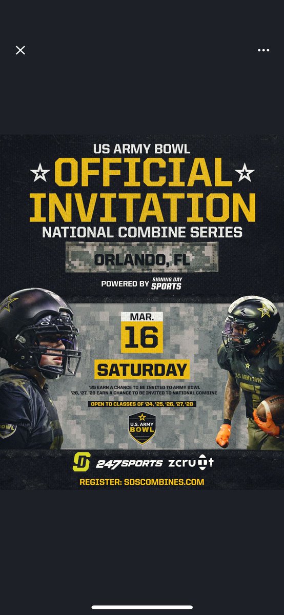Blessed to be invited to US ARMY BOWL combine series . @jrutkowski288 @Jrod2245 @coachmay7474 @CoachRyanBell @StarrPittman11 @904OL @SSPHTX