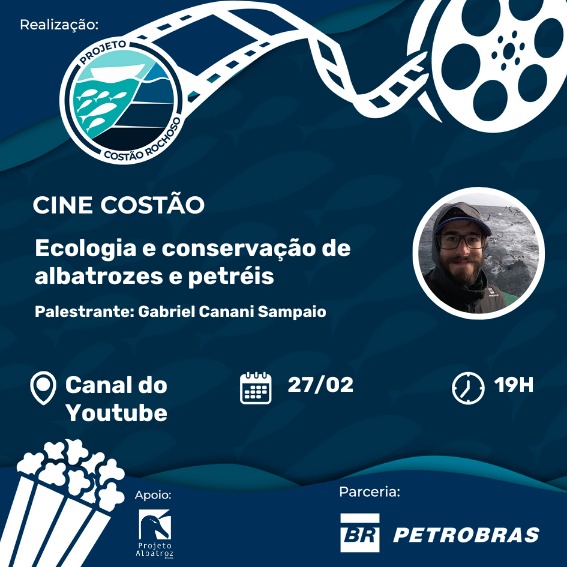 Prepara a pipoca🍿 porque vem aí mais um CineCostão 📽️ Na próxima terça-feira (27/02) vamos receber Gabriel Sampaio do @ProjetoAlbatroz que vai falar sobre ecologia e conservação dessas aves maravilhosas 🤩 Vai começar às 19h no nosso canal do YouTube. Não percam!! @petrobras