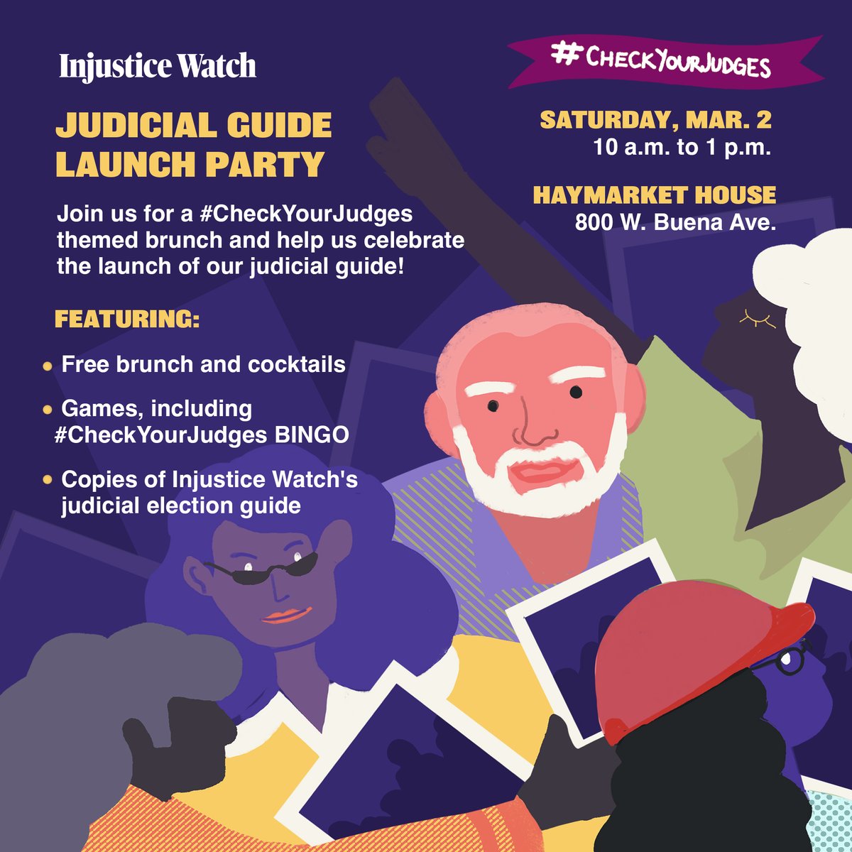 We're throwing a party to celebrate the launch of our judicial election guide! Join us next Saturday, Mar. 2 at Haymarket House for FREE brunch, cocktails, and games! There will even be #CheckYourJudges BINGO. Stop by anytime between 10-1. Register here:

eventbrite.com/e/checkyourjud…
