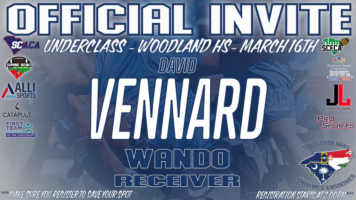 Carolinas Coaches Combine (@coachescombines) on Twitter photo Congratulations on being selected to the Underclass (26s/27s) Carolinas Coaches Combines at Woodland HS! See you on March 16 at 2:00pm!
Check your email to register!
#CarolinasCoaches24 <a href="/JohnsonLambe/">Johnson Lambe Sporting Goods</a>
<a href="/CoachPerrin61/">Isaiah Perrin</a> <a href="/WandoHSFootball/">Wando Warrior Football</a> <a href="/DavidVennard10/">David Vennard</a> Congratulations on being selected to the Underclass (26s/27s) Carolinas Coaches Combines at Woodland HS! See you on March 16 at 2:00pm!
Check your email to register!
#CarolinasCoaches24 <a href="/JohnsonLambe/">Johnson Lambe Sporting Goods</a>
<a href="/CoachPerrin61/">Isaiah Perrin</a> <a href="/WandoHSFootball/">Wando Warrior Football</a> <a href="/DavidVennard10/">David Vennard</a>