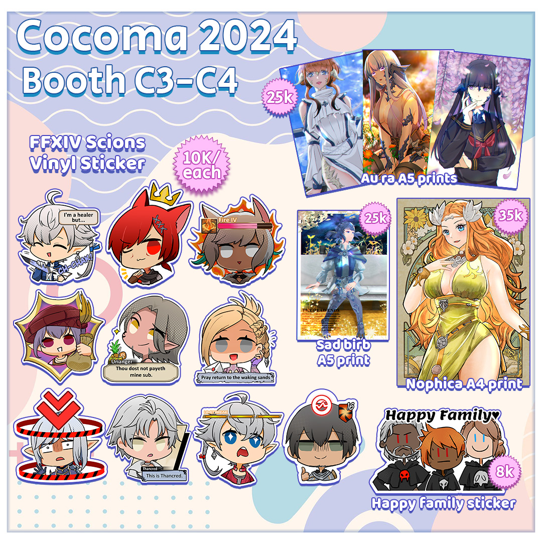 Pokatelier's tweet image. ✨Hello here is our COCOMA 2024 catalogue✨

📅February 25th, Mall Ciputra
👑Booth C3-C4

Will sell FFXIV &amp;amp; Original stuff in Cocoma this Sunday!
share and RT are really appreciated!
See you soon~★
#COCOMADAY2024