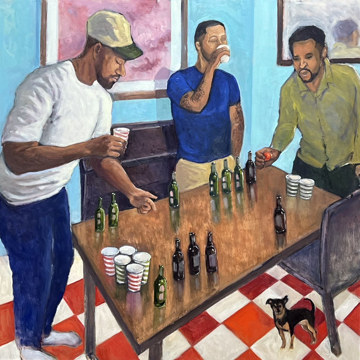 ‘Who Invents These Games Anyway…?’ 
76x76cm oil on board. 
The finished piece… 

My art involves observing ordinary people living ordinary lives and this one is inspired by watching my boys unwinding whilst playing this game of #beerpong