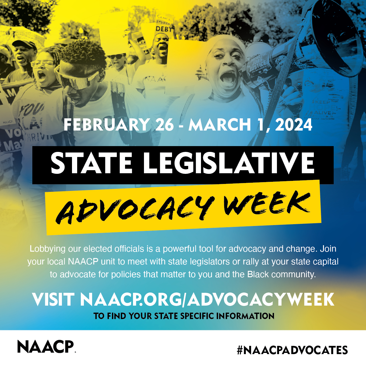 Join your local NAACP unit for State Legislative Advocacy Week! Next week, #NAACPAdvocates will be meeting with state legislators or rallying at their state capitals to advocate for policies that matter to our community. Learn more: bit.ly/3I5fQVw