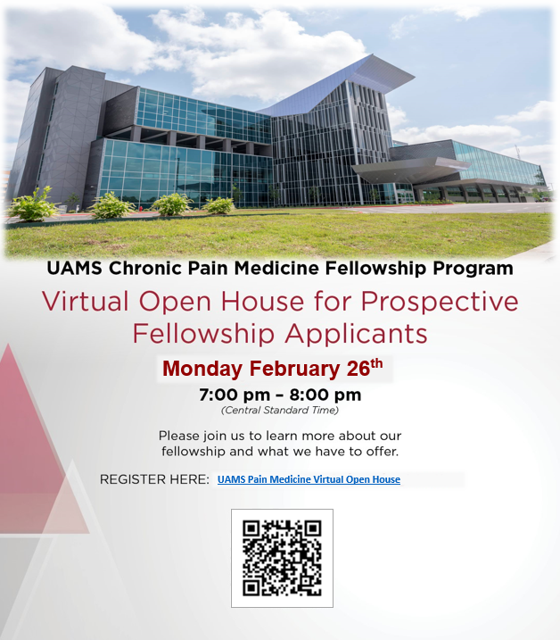 It's one of the most wonderful times of year...#painfellowship application season! Looking forward to meeting some excited faces next week at our open house! Come learn about what makes our program exceptional. Mon Feb 26th, 7-8p CST Registration link: medicine.uams.edu/pain/education…