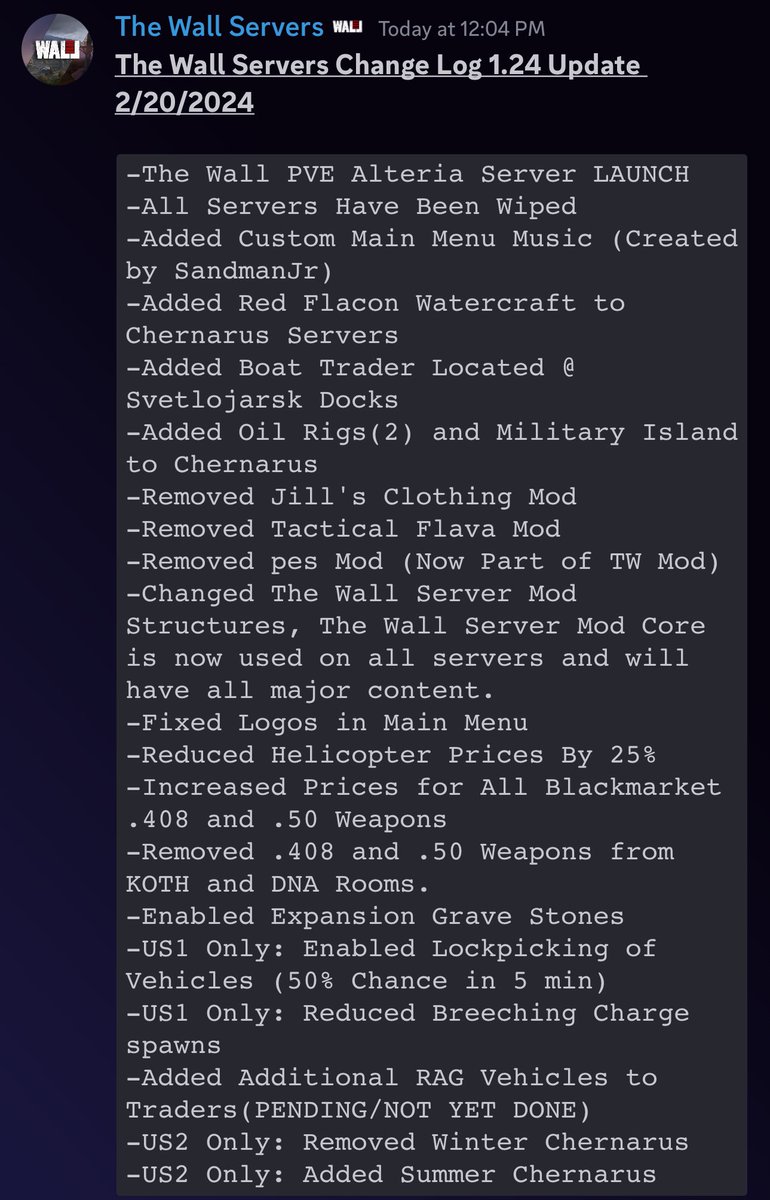 The Wall #DayZ Servers have been wiped along with Tuesday’s <a href="/DayZ/">DayZ 🖥 🎮 ❤️</a> 1.24 Update! Along with wipe comes several server changes, improvements, and the Launch of The Wall PVE Alteria a new map made by <a href="/JohnMcLane666/">JohnMcLane</a> 

Change Log: