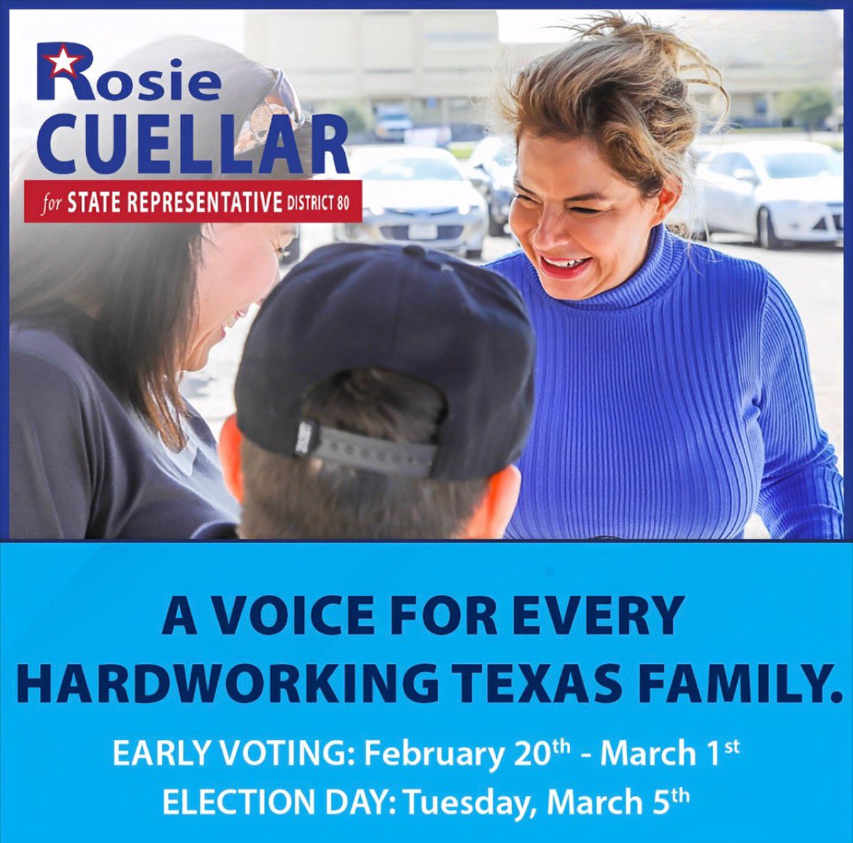 RCuellarforD80's tweet photo. Born in Laredo, Rosie Cuellar has spent 40 years serving our community as Municipal Court Judge for Laredo and Rio Bravo, and as Tax Assessor for Webb County. She's running for Texas House to be a voice for every hardworking family. https://t.co/ZGkZArX2RB