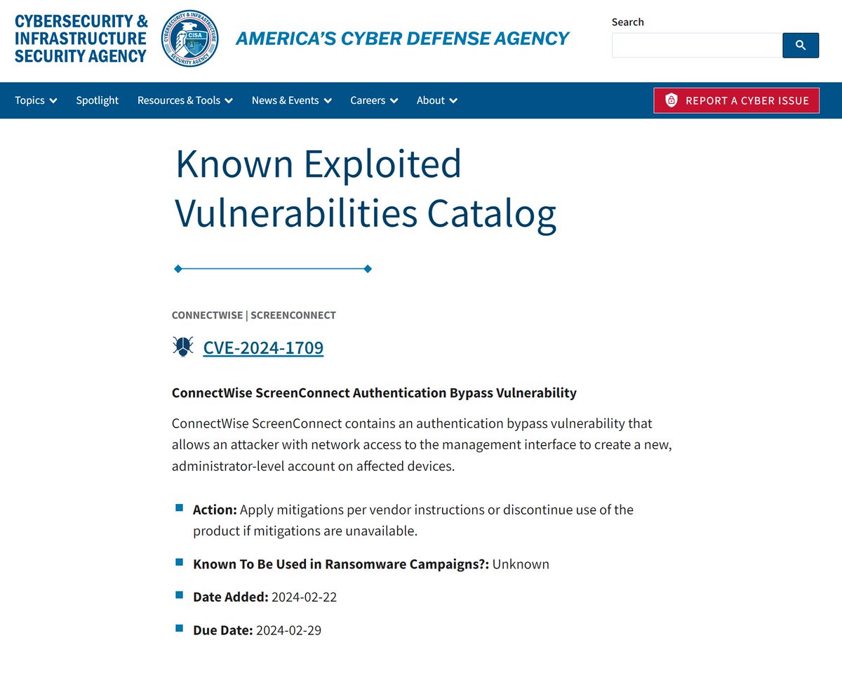 _JohnHammond's tweet image. CISA adds #ScreenConnect CVE-2024-1709 authentication bypass to the KEV, deadline Feb 29th.