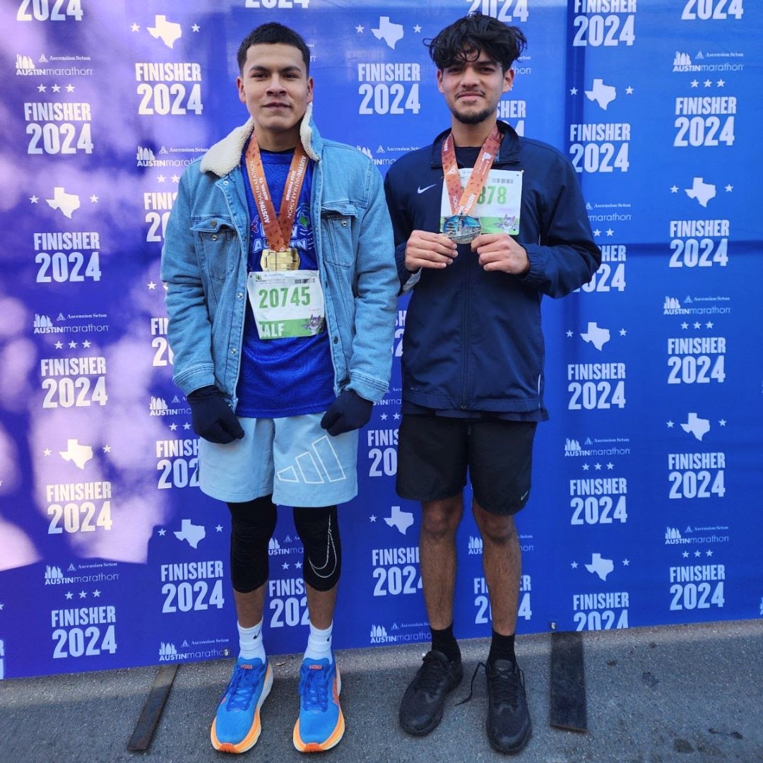 TY to everyone who was a part of #TeamAPIE for the @austinmarathon! This year, we had 4 runners on our team, including Alexis & Hector (pictured), @GEARUPAustinISD students at @AkinsAISD who ran the #halfmarathon. Both did great, & Alexis was 11th out of 112 in his age group!