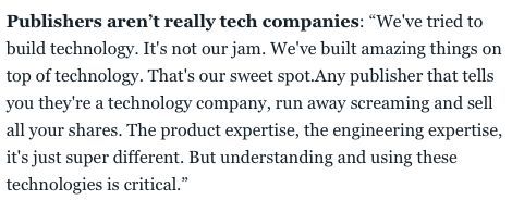 HeikoScherer's tweet photo. Always worth a listen.. after more than 10+yrs working with media and publishing cos, I would not recommend that these brands become tech companies. But they should learn how to use and leverage tech smartly.  https://t.co/HgUGv1uWUI https://t.co/CsYSI0pSVm