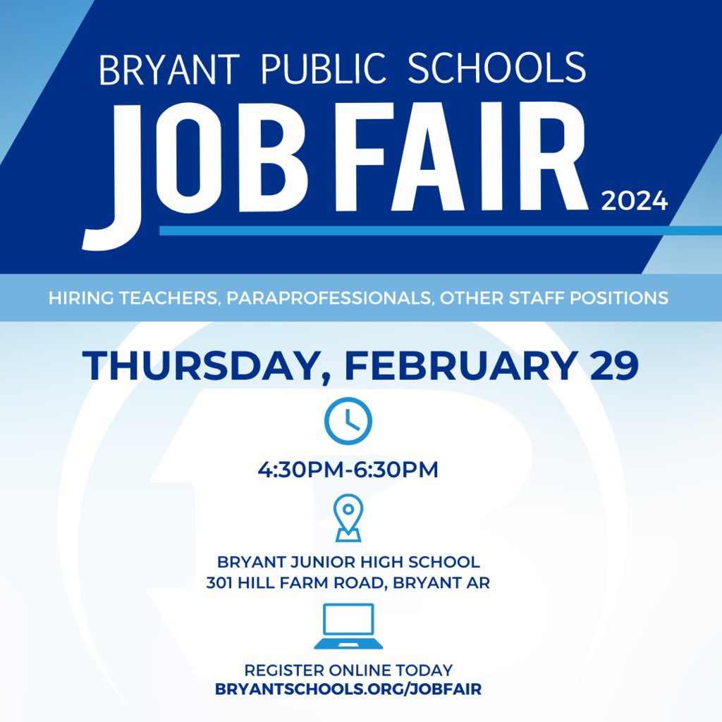 Bryant’s certified salary schedule for 24-25 has been approved. Want to lean more about the job opportunities available in our district? Join us for the Job Fair one week from today. 
💰Salary Schedule ⇒ bit.ly/3SHHzAy
✏️ Sign up ⇉ bryantschools.org/jobfair