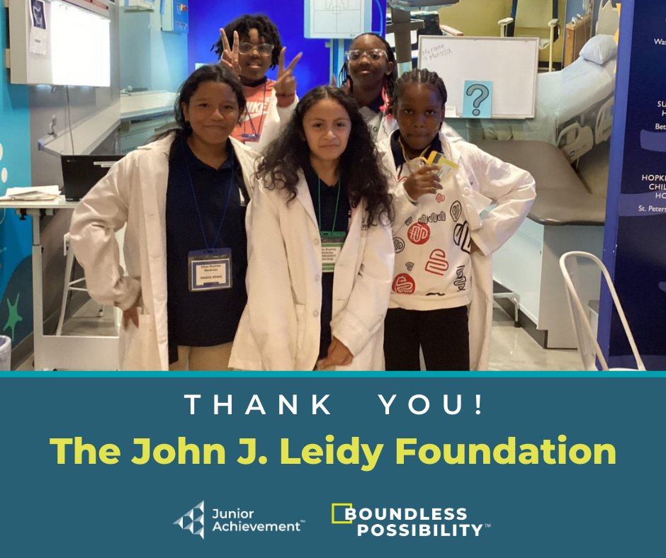 Our sincere thank you to The John J. Leidy Foundation for their generous support of JA BizTown! Thanks to the Foundation's continued partnership, elementary students from across central Maryland can dip their toes into the world of work before diving in!