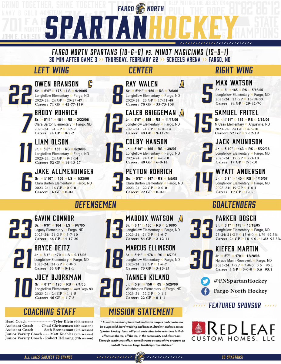 FNSpartanHockey's tweet photo. 🚨 STATE QUARTERFINAL!! 🚨

Puck drops 30 min after Q3 vs Minot at Scheels Arena!!! 💛💙 

Theme is Whiteout!! 🤍🤍

You’ll definitely feel at HOME when tonight’s lineup brings us to the semifinals!! https://t.co/9b409Ow4mU