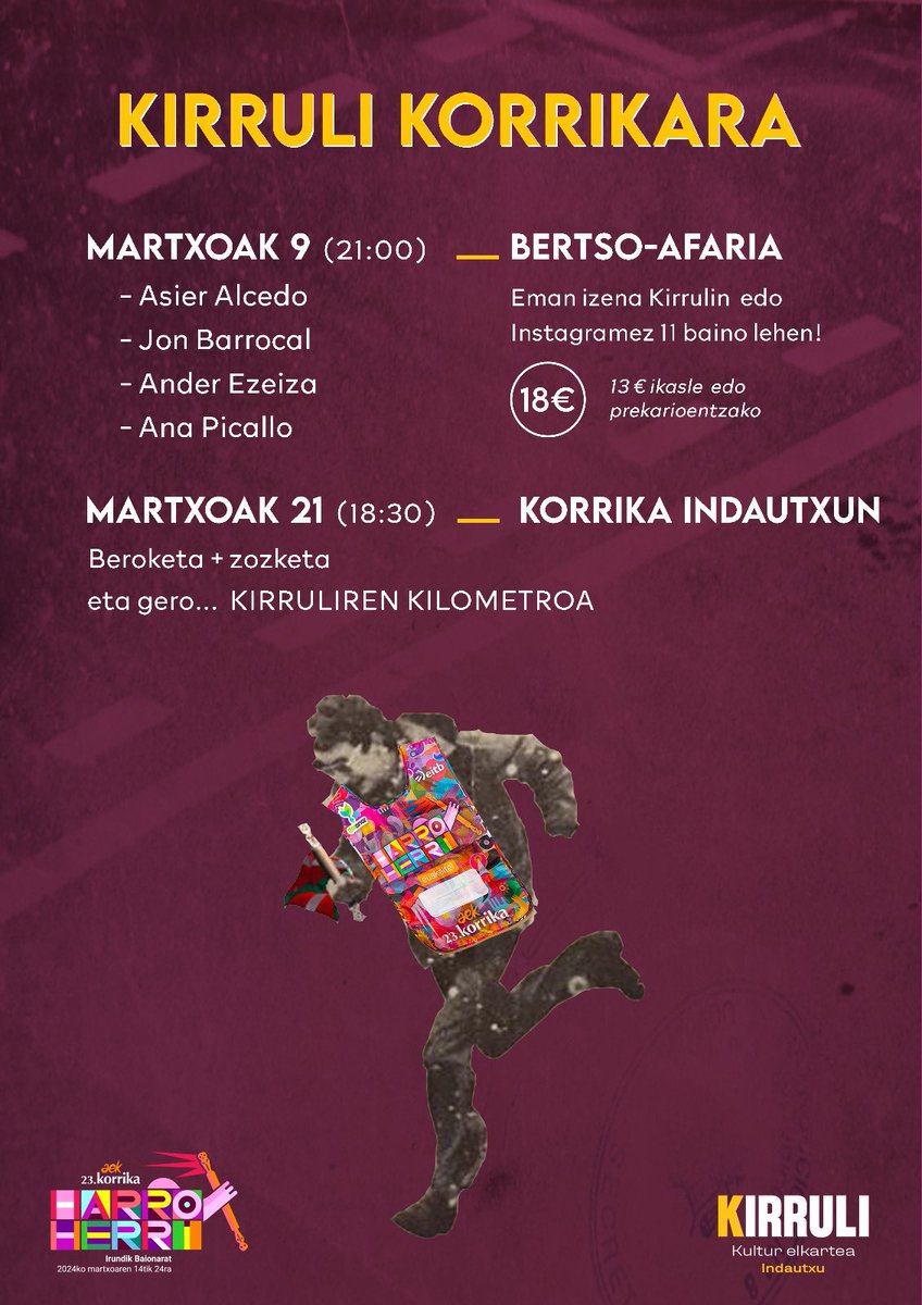 🏃🏻‍♀️🏃🏽‍♂️Korrika badatoooor!🔊🔊

Aurten ere, Kirrulik bere kilometroa izango du eta hainbat gauza jarri ditugu abian gure ekarpentxoa egin ahal izateko! 🙌🏻

Anima zaitezte eta parte hartu! 😉