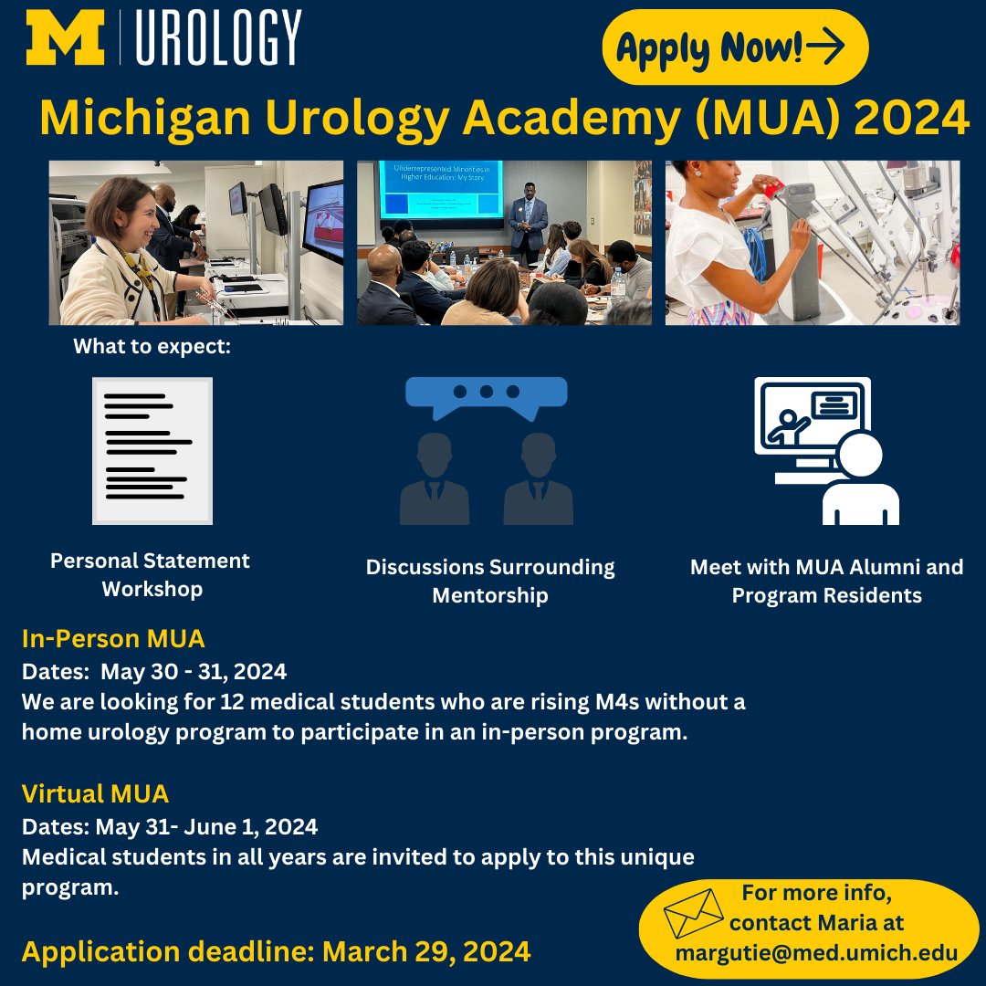 Apply Now! Medical students, don't miss out on this great opportunity: the Michigan Urology Academy (MUA) 2024. Application info and link: michmed.org/y5Bkv