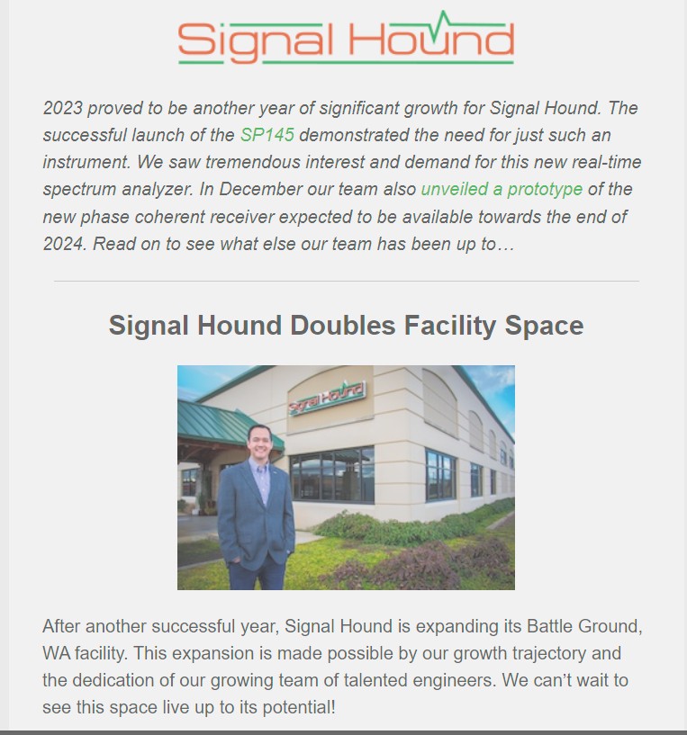 SignalHound's tweet photo. 2023 proved to be another year of significant growth for Signal Hound!
Click here to learn more and subscribe to our newsletter: https://t.co/kDStIIcoC9
#ModernSignalHound
#SignalHoundNewsletter
#SP145
#RealTimeSpectrumAnalyzer
#PhaseCoherentReceiver
#TestAndMeasurement https://t.co/5QyrLMlQ29