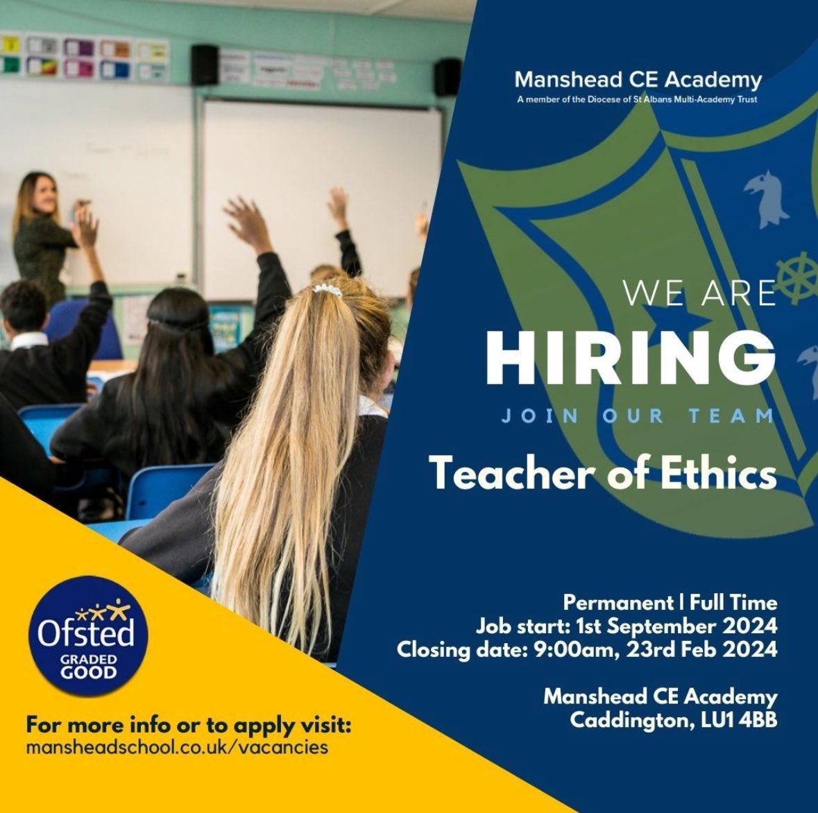 mansheadacademy's tweet photo. Manshead is a fantastic place to work and develop as a teacher and person, Ofsted have rated us ‘Good’ too!

We are seeking to appoint a teacher of RE that shares our determination to change lives through the education we provide.

#MansheadCEAcademy
@mynewterm https://t.co/30esimgWuI