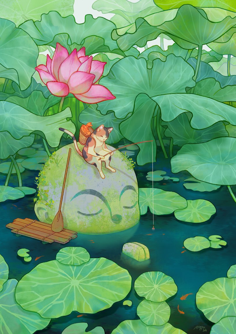 lily pad flower cat lotus no humans water fishing rod  illustration images