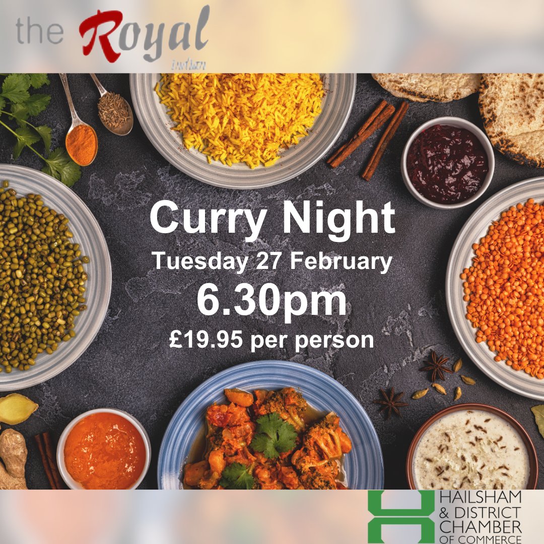 Join us for a delicious Curry Night at The Royal Indian!

BOOK NOW: bit.ly/HDCC-Curry-Nig…

Indulge in an array of delicious dishes for just £19.95 per person.

Don't miss out!

#CurryNight #HDCCEvents #NetworkingCurry #HailshamChamber #TheRoyalIndian