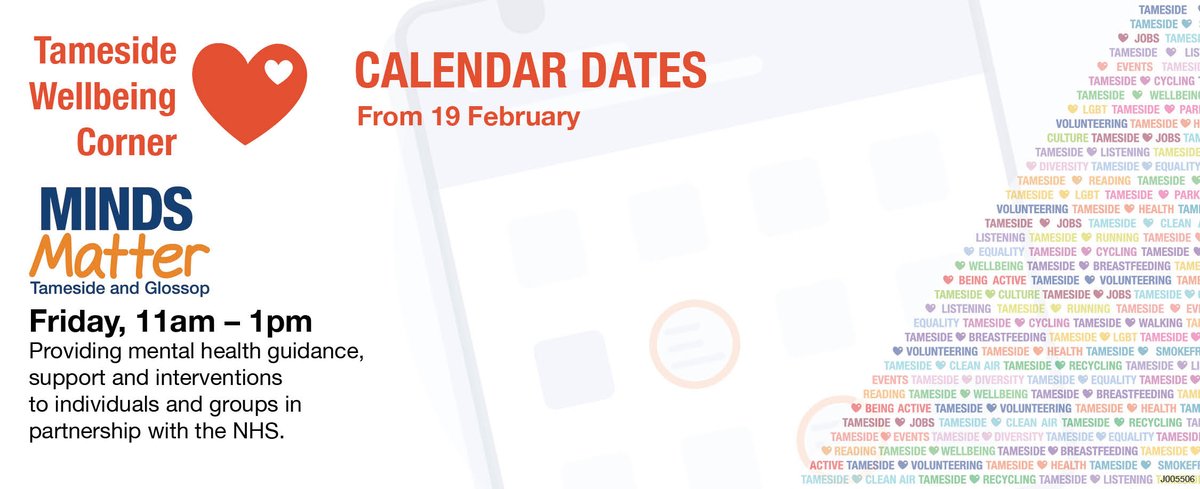 Visit our Tameside Well-being Corner this week!🧡 Come and have a chat with @MindsMatterTG. Providing mental health support and interventions to individuals and groups in partnership with the NHS 📆 Fri 23 Feb 🕞 11am – 1pm 📍 Ashton Indoor Market 🌐 tameside.gov.uk/twc